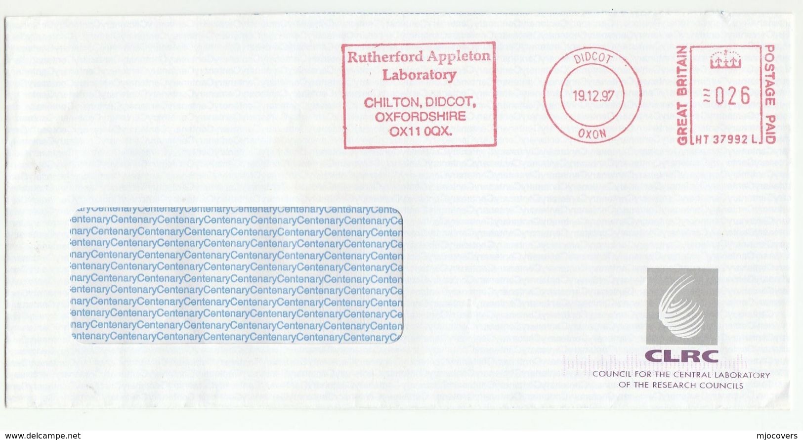 1997 GB COVER METER SLOGAN Pmk RUTHERFORD APPLETON LABORATORY  GLRC Physics Space Science Stamps Didcot - Physics