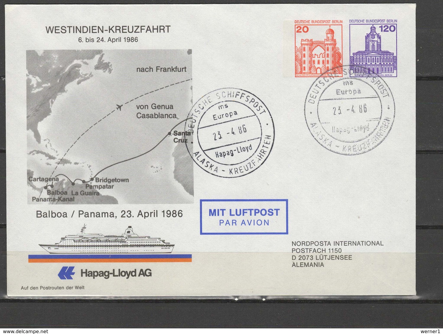 Germany 1986 Ships, MS Europa Shipmail Balboa Commemorative Cover - Bateaux