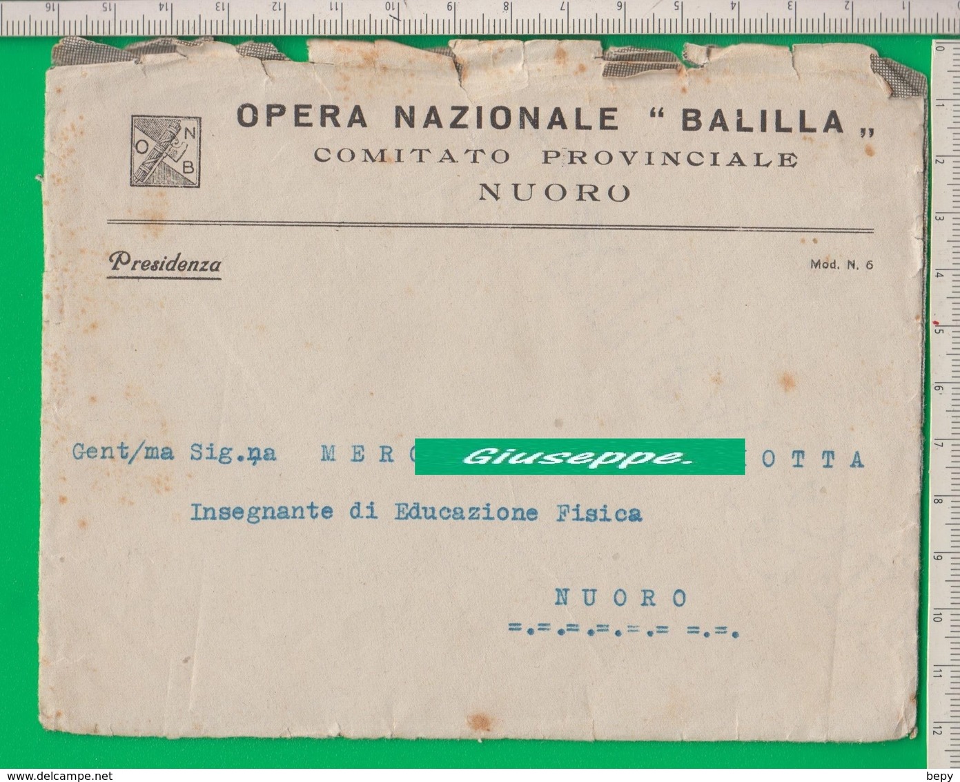 Busta. OPERA NAZIONALE BALILLA. O.N.B.Fascio. Fascismo. Balilla. Nuoro. - Storia Postale