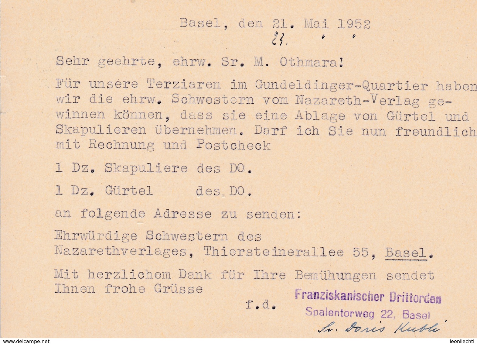 Postkarte. Von Basel Nach Schwyz Drittordens-Zentrale. Schöner Werbestempel  (  SBB 1902-1952 RASCH SICHER BEQUEM  ) - Entiers Postaux