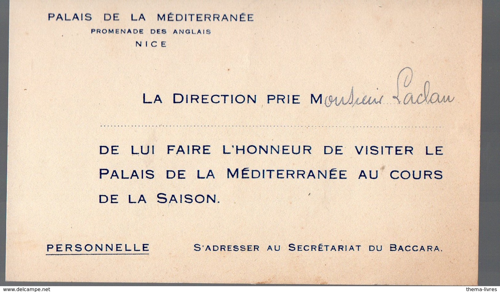Nice (06 Alpes Maritimes) Invitation PALAIS DE LA MEDITERRANEE Promenade Des Anglais (PPP14099) - Advertising