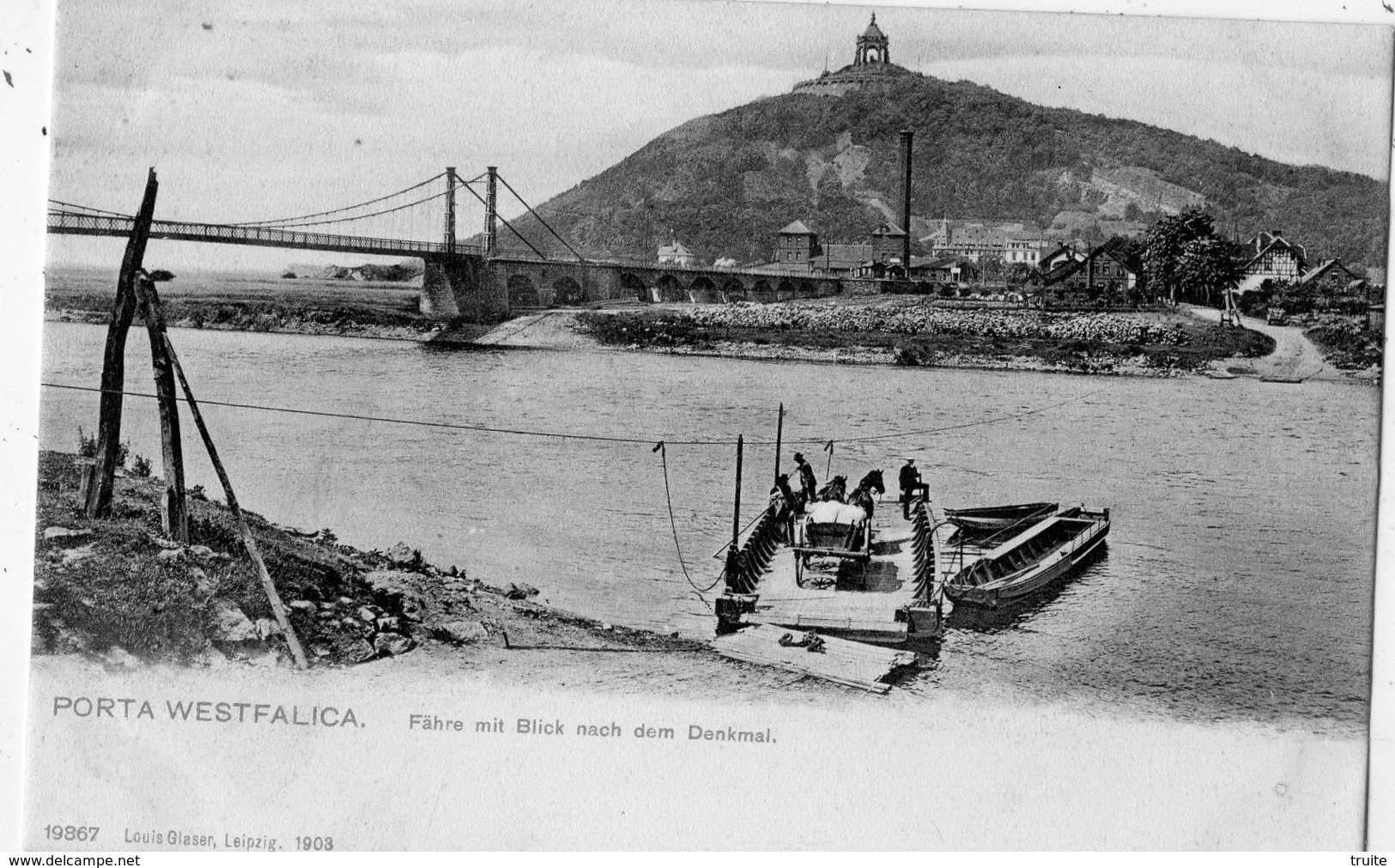 PORTA WESTFALICA FAHRE MIT BLICK NACH DEM DENKMAL (CARTE PRECURSEUR ) - Porta Westfalica