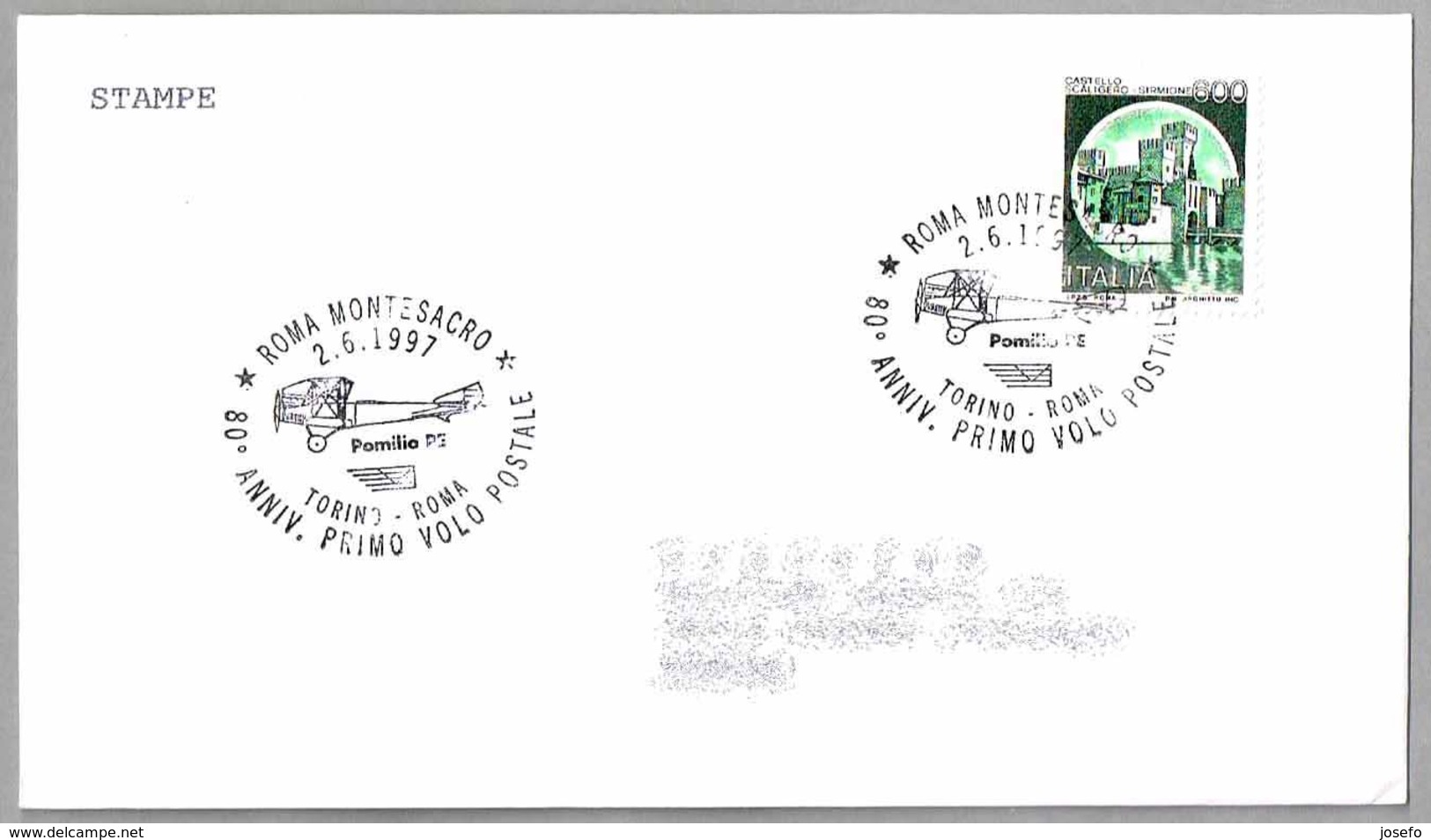 80 Años PRIMER VUELO POSTAL TORINO-ROMA - 80 Years First Postal Flight - Avion POMILIO PE. Roma 1997 - Correo Postal