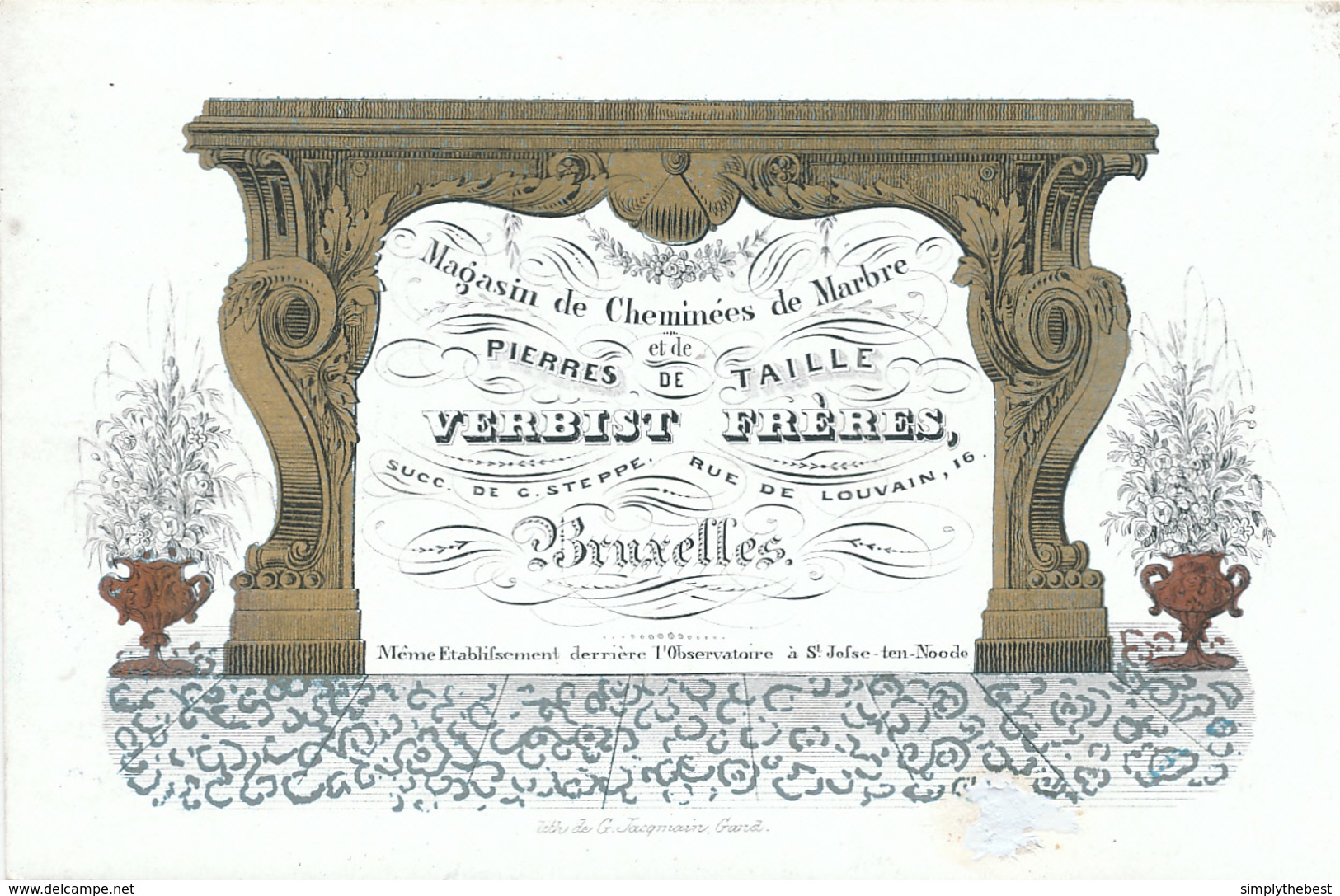 ZZ973 - Carte Porcelaine (1840/1850) Décorée Cheminée De Marbre Verbist Frères à BRUXELLES Et ST JOSSE TEN NOODE - Visitekaartjes