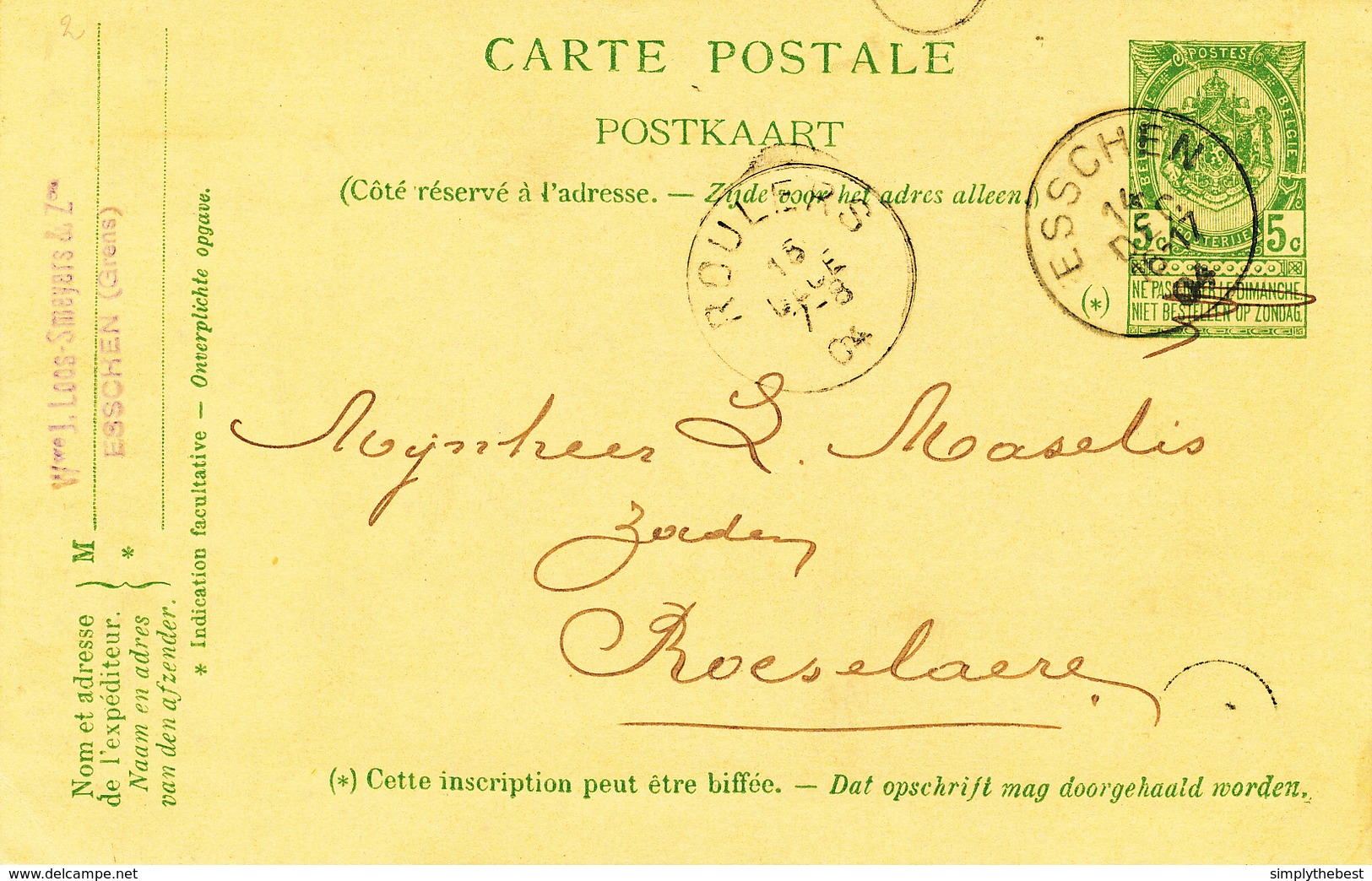 ZZ974 -Archive Louis MASELIS Roulers -  Entier Postal Armoiries ESSCHEN 1904 - NIPA 250 X 3 - Briefkaarten 1871-1909