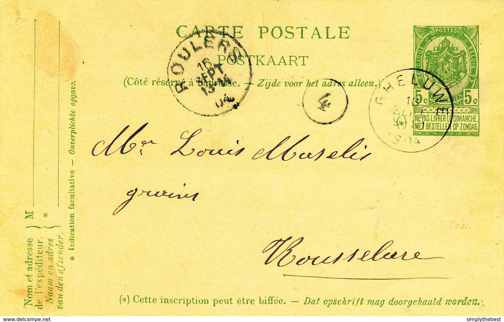 ZZ976 - Archive Louis MASELIS Roulers -  Entier Postal Armoiries GHELUWE 1904 - NIPA 250 X 3 - Briefkaarten 1871-1909