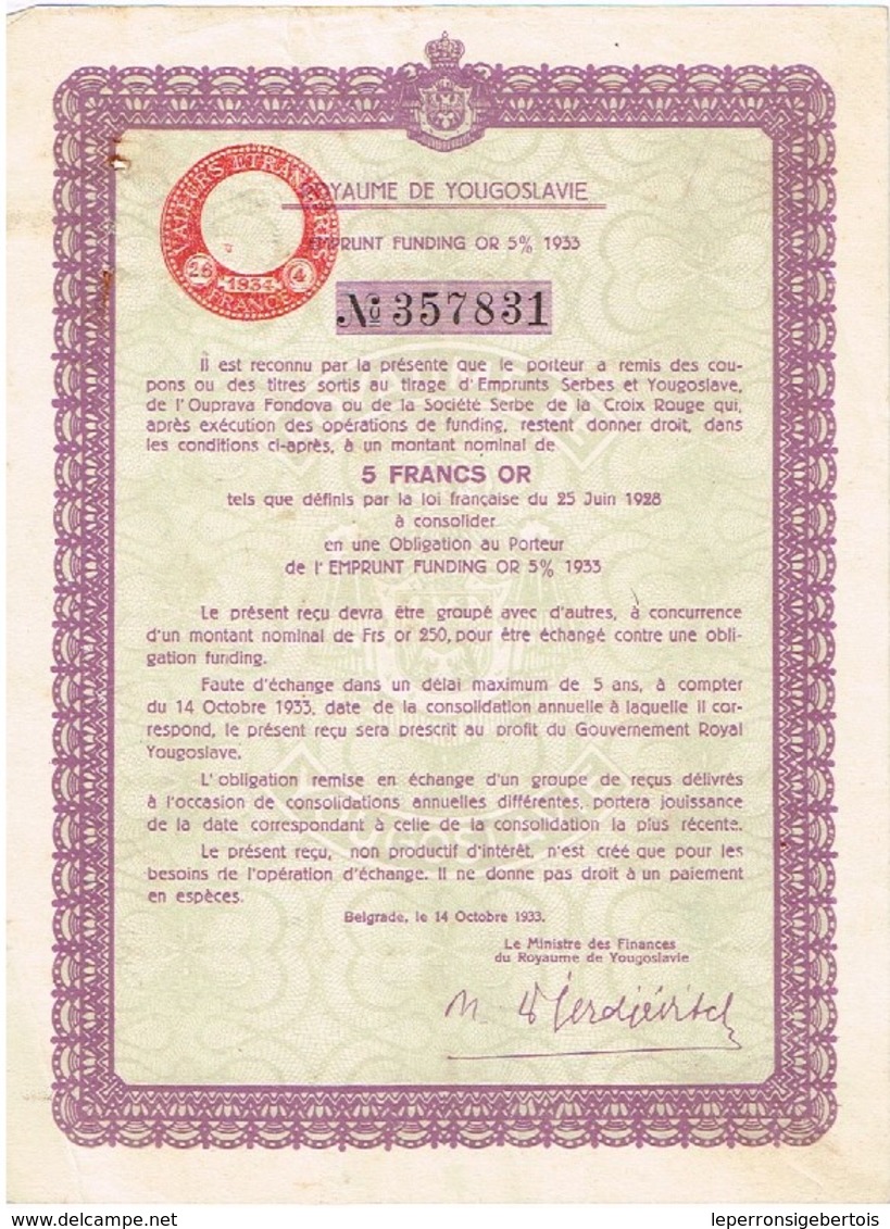 Obligation Ancienne - Royaume De Yougoslavie - Emprunt Funding Or  5% 1933 - W - Z