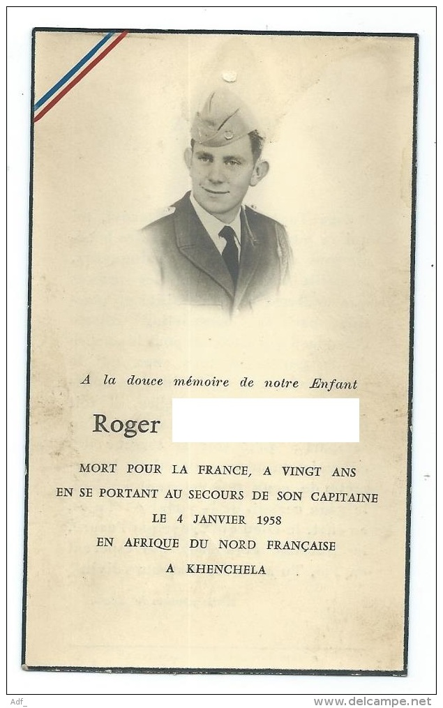 FAIRE PART AVIS DE DECES SOLDAT MORT POUR LA FRANCE A KHENCHELA EN AFRIQUE DU NORD FRANCAISE LE 4 JANVIER 1958 - Documenten