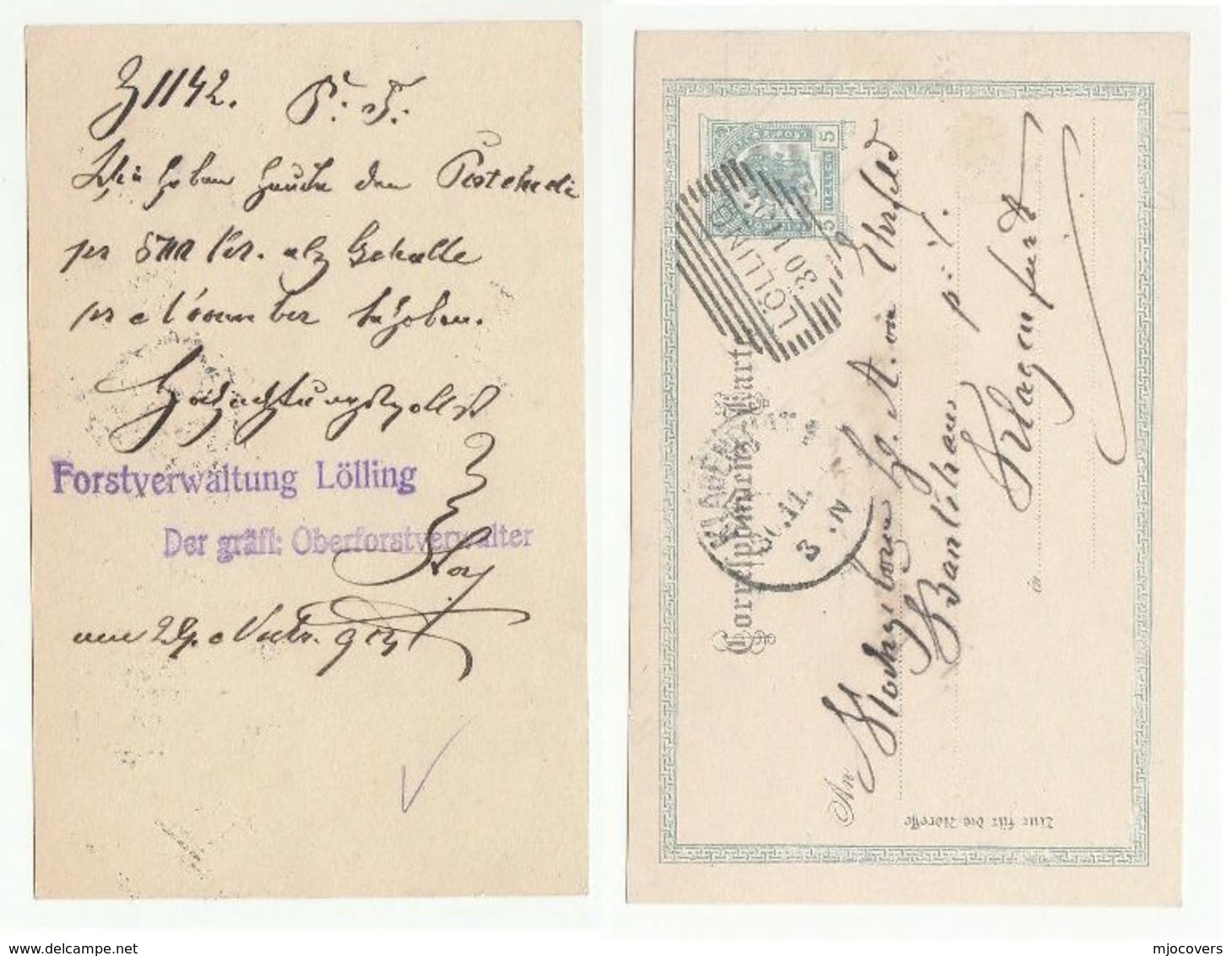 1904 LOLLING FORESTRY MANAGER FOREST ADMINISTRATION Postal STATIONERY CARD To Klagenfurt AUSTRIA  Cover Stamps Tree - Trees