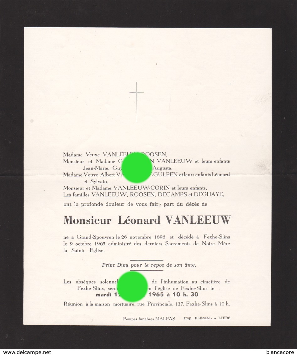 Léonard VANLEEUW GRAND-SPOUWEN 1896 - FEXHE-SLINS 1965 - Décès