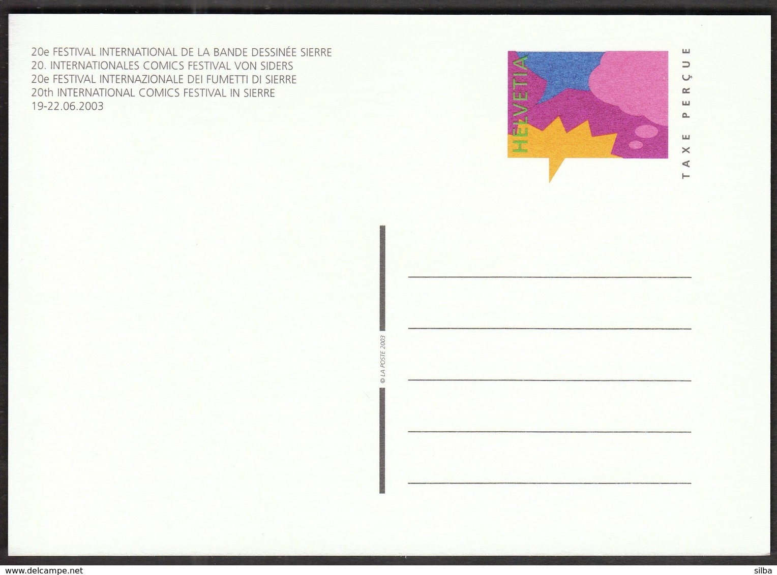 Switzerland 2003 / 20th International Comics Festival In Sierre / Postal Stationery Card - Comics