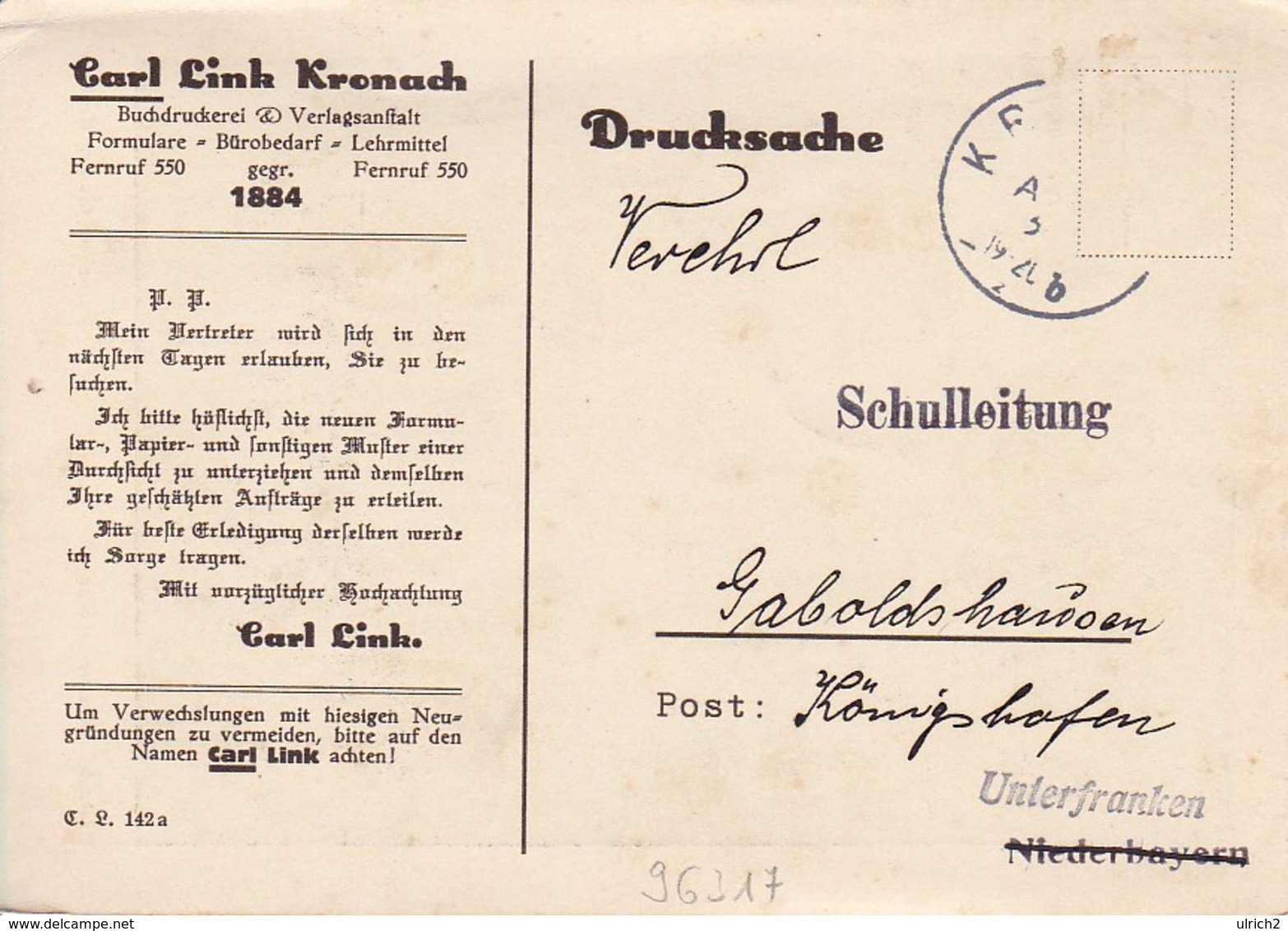 AK Kronach - Bamberger Tor - Reklamesendung Carl Link Buchdruckerei (35978) - Kronach