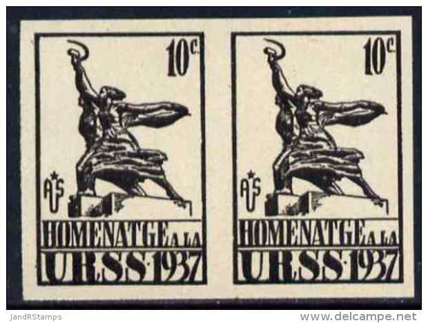 79814 Spain 1937 Propaganda Label Inscribed 'Homenatge A La URSS' 10c Black Imperf Pair On Ungummed Paper (statues) - Unused Stamps