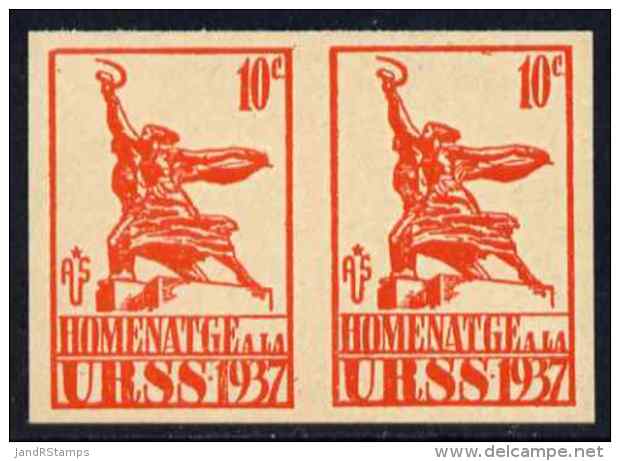 79815 Spain 1937 Propaganda Label Inscribed 'Homenatge A La URSS' 10c Orange Imperf Pair On Ungummed Paper (statues) - Unused Stamps
