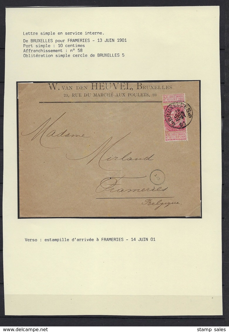 N°58 GESTEMPELD OP OMSLAG VAN Bruxelles NAAR Frameries 1901(details Zie Scan) COB € +7,50 SUPERBE - 1893-1900 Fine Barbe