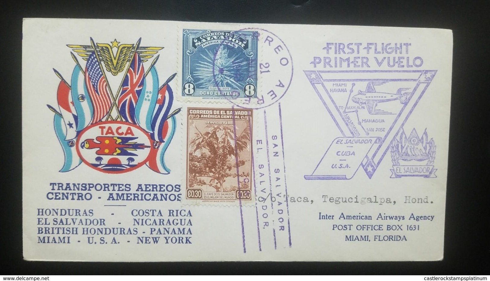O) 1943 EL SALVADOR,  FIRST FLIGHT, COFFEE TREE WITH RIPE BERRIES SCT AP17 -30c BROWN, IZOTE FLOWER. , TACA SAN SALVADOR - El Salvador