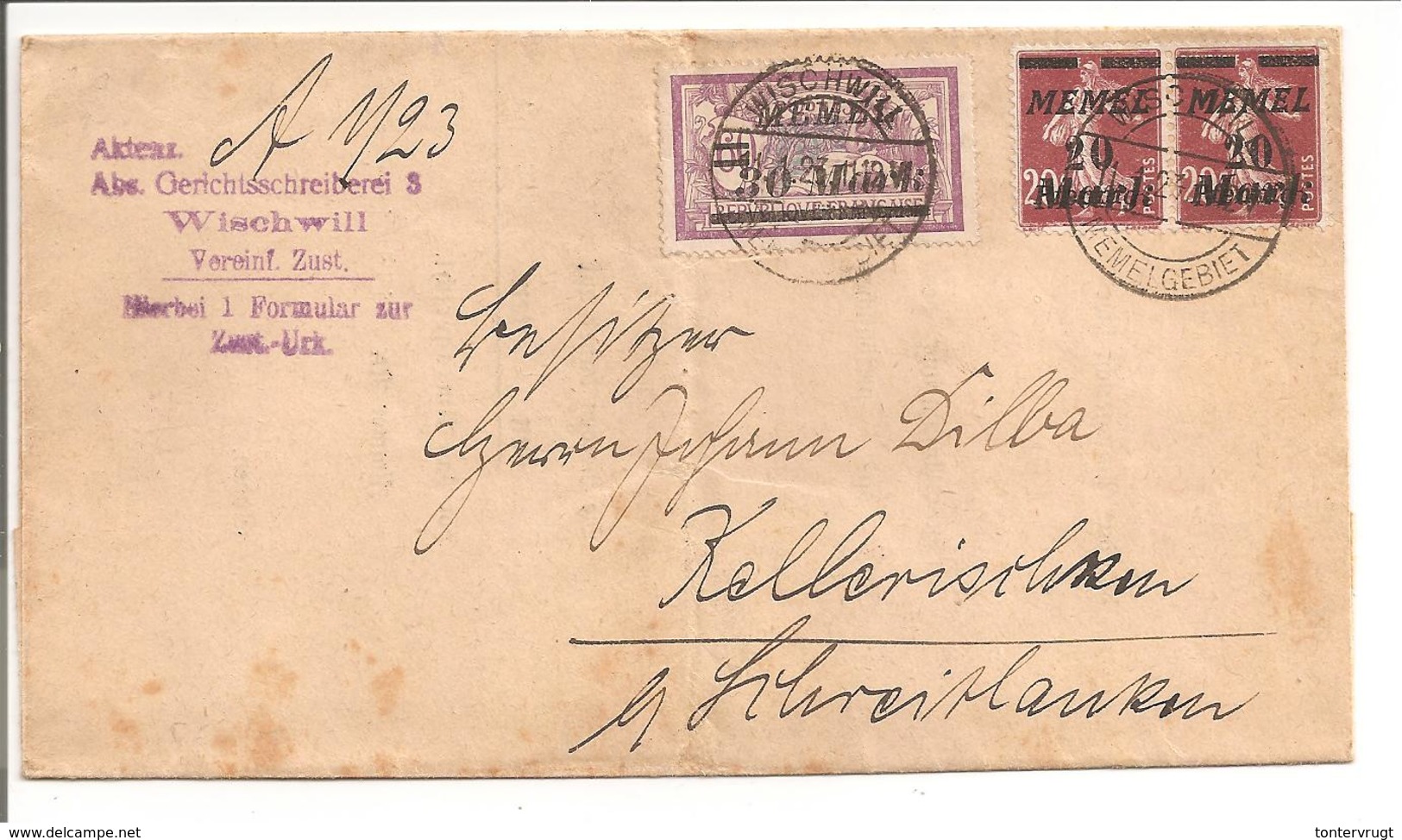 Memel.Abstimmung.Wischwill 11.1.23 Mi.115 + 2x Mi.109 Urkunde Zustellung - Memel (Klaïpeda) 1923