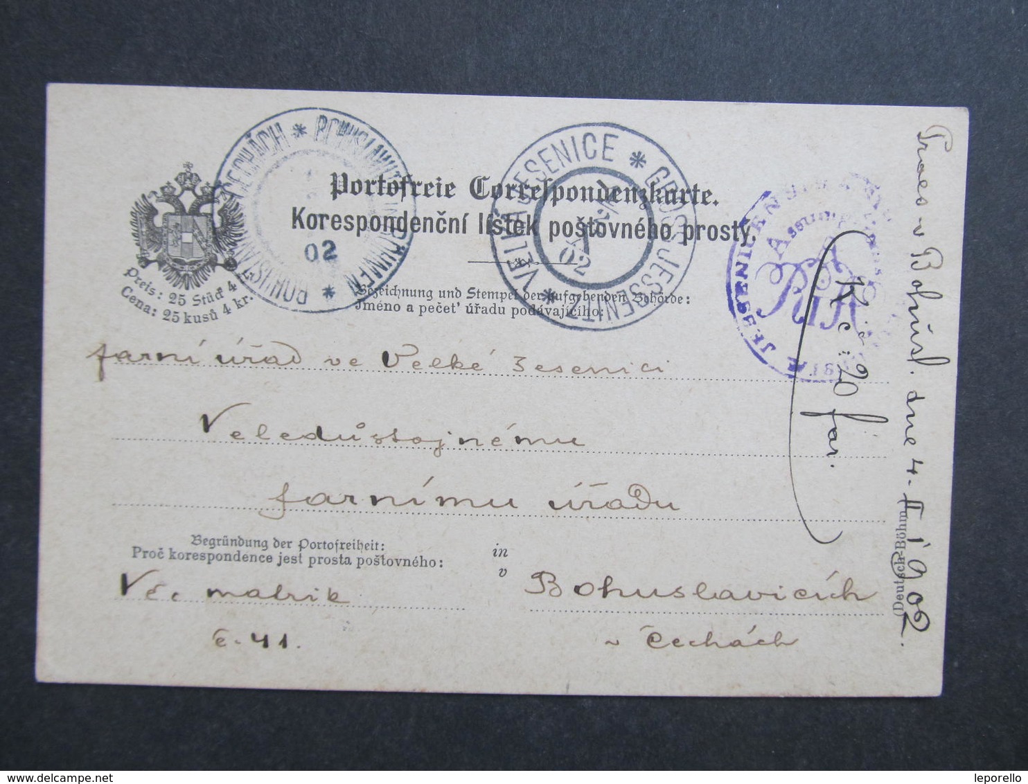 Korrespondenzkarte Velka Jesenice - Bohuslavice 1902////  D*33547 - Briefe U. Dokumente