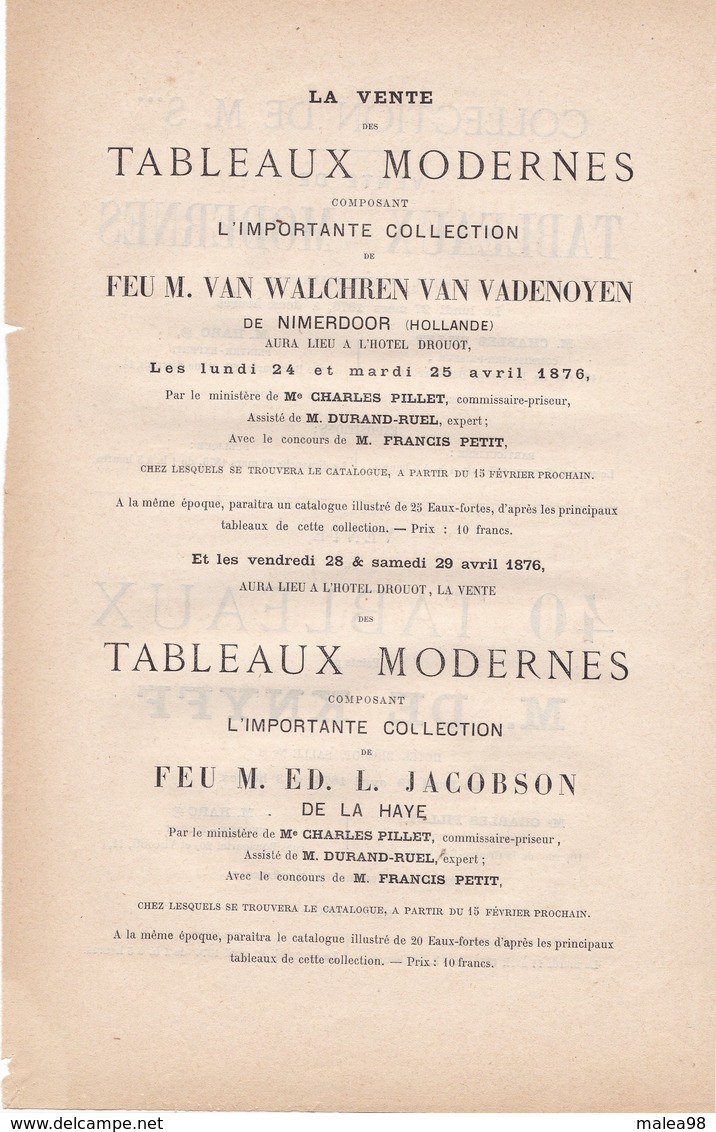 VENTE Aux ENCHERES 1876  A  DROUOT  DES TABLEAUX MODERNES DE COLLECTION DE FEU MR VAN  WALCHEREN _ - Autres & Non Classés