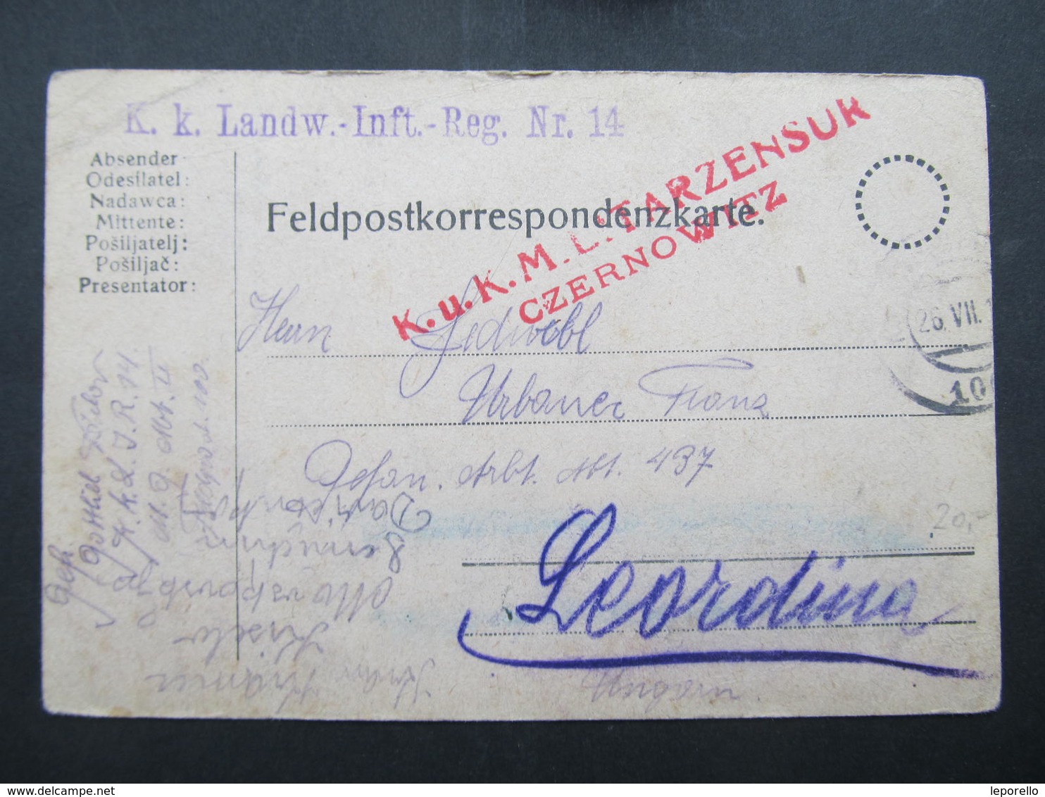 GANZSACHE Feldpost Czernowitz - Leordina Maramures   ////  D*33565 - Briefe U. Dokumente