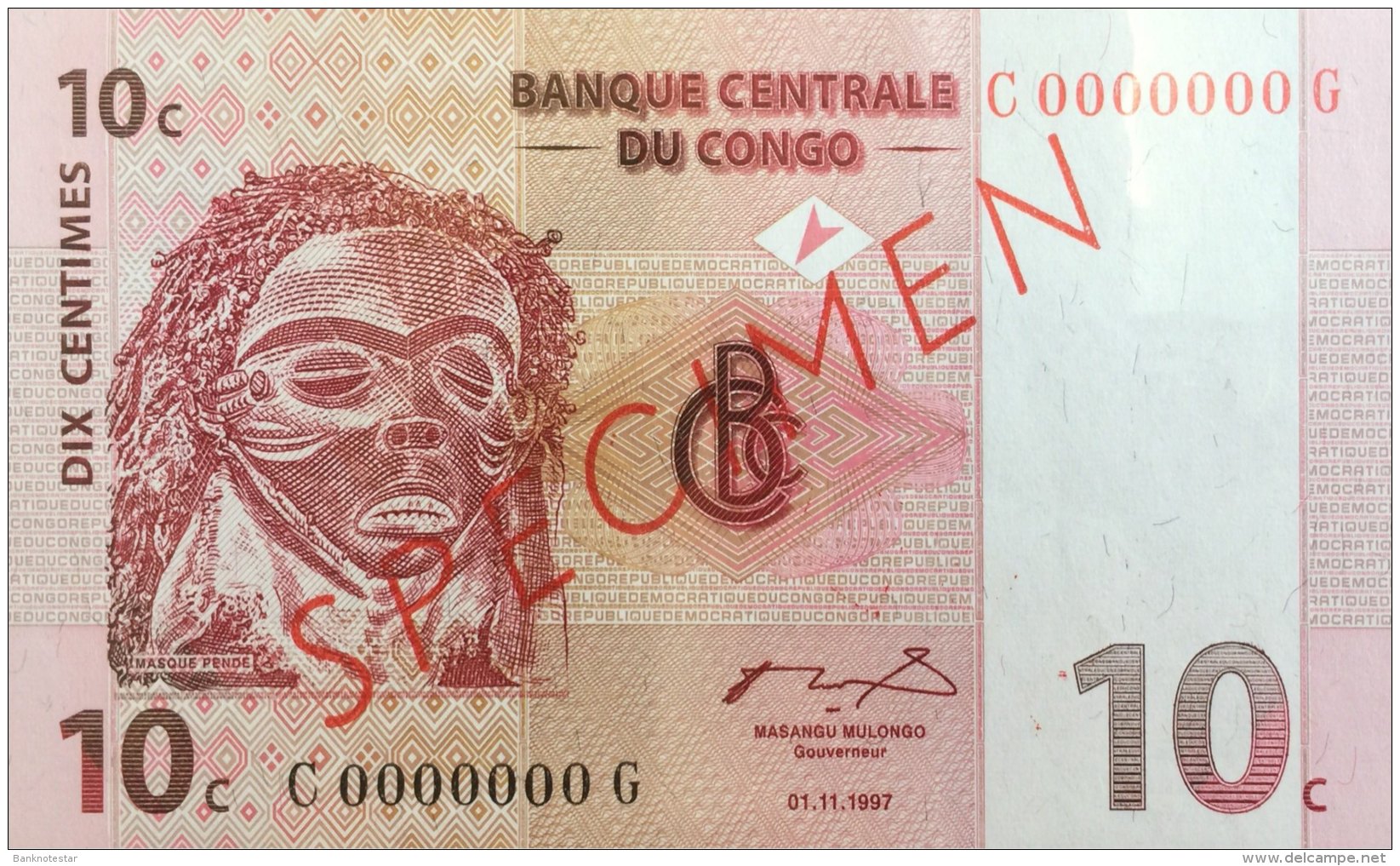 Congo 10 Centimes, P-82s (1.11.1997) - Specimen - UNC - Demokratische Republik Kongo & Zaire