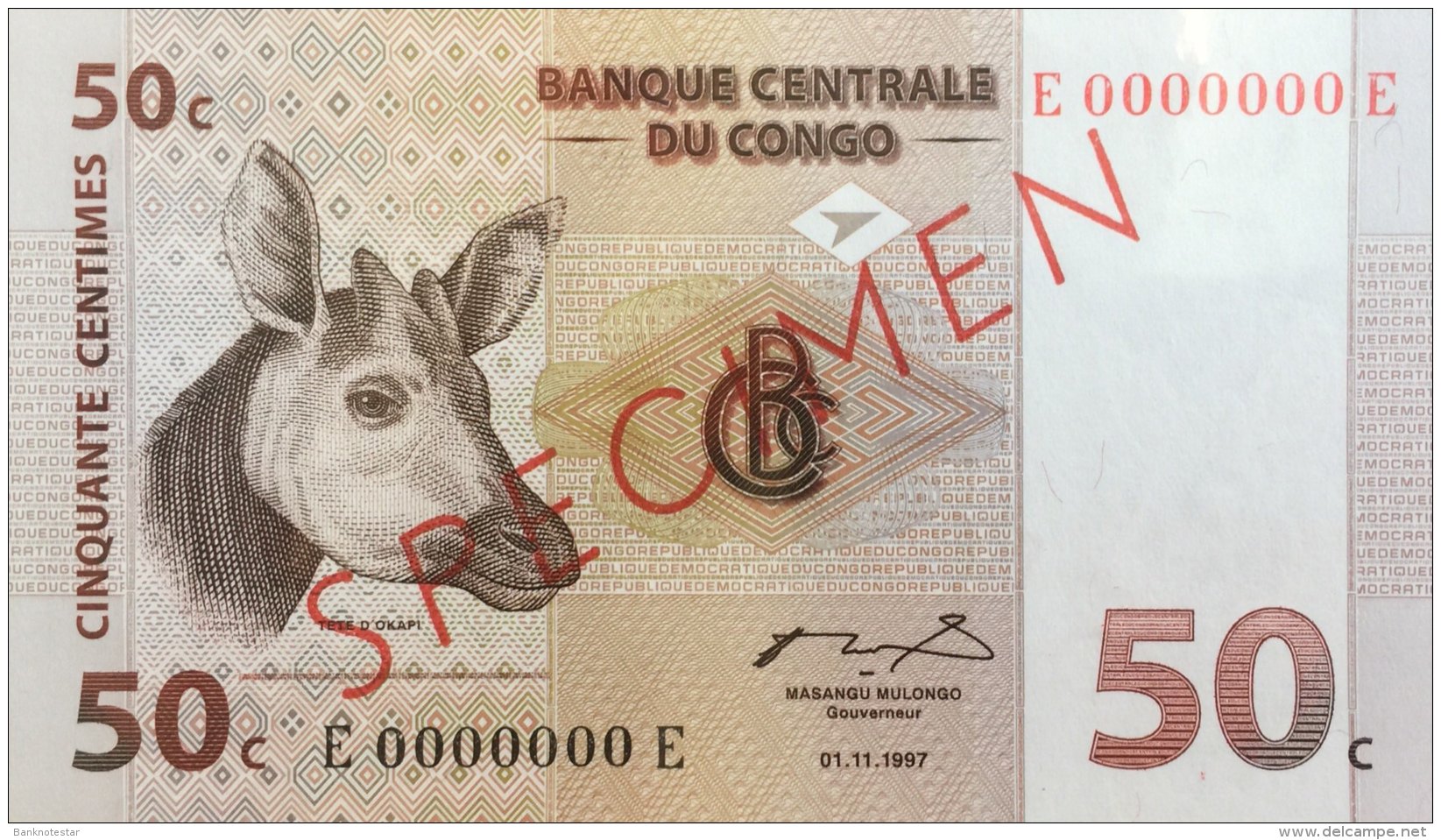 Congo 50 Centimes, P-84As (1.11.1997) - Specimen - UNC - Demokratische Republik Kongo & Zaire