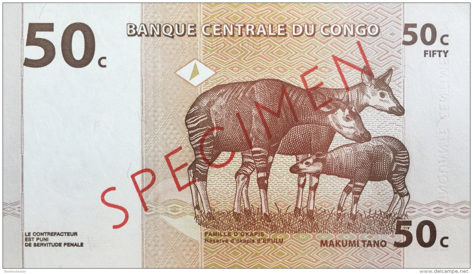 Congo 50 Centimes, P-84As (1.11.1997) - Specimen - UNC - Demokratische Republik Kongo & Zaire