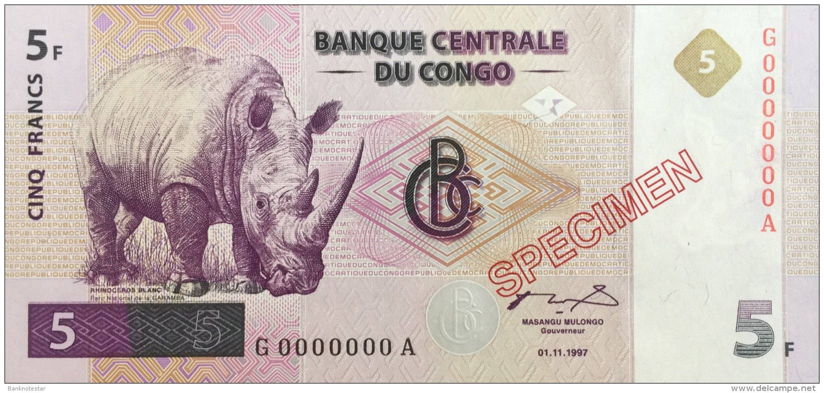 Congo 5 Francs, P-86s (1.11.1997) - Specimen - UNC - Demokratische Republik Kongo & Zaire