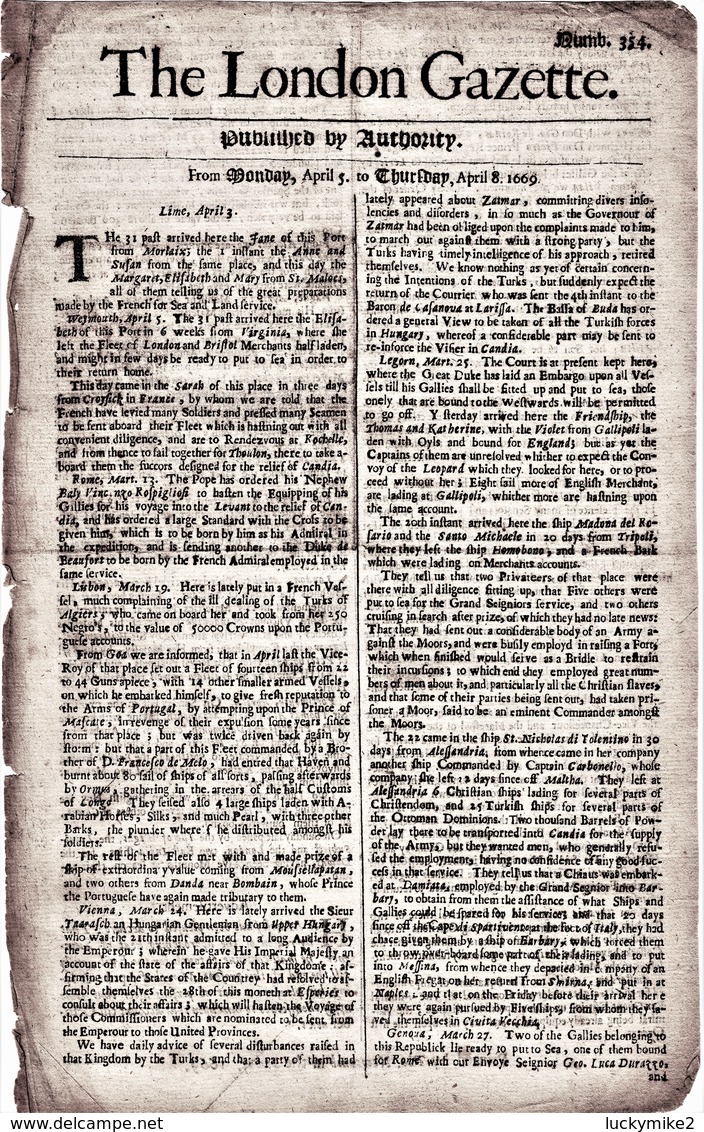 1669 London Gazette, Number 354,  An Early, Single Sheet Newspaper  Almost 350 Years Old!   Ref 0567 - Historical Documents