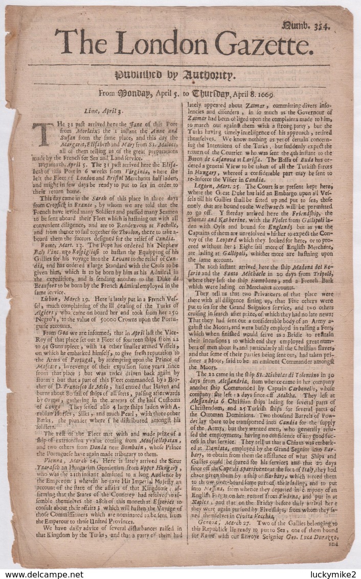 1669 London Gazette, Number 354,  An Early, Single Sheet Newspaper  Almost 350 Years Old!   Ref 0567 - Historical Documents