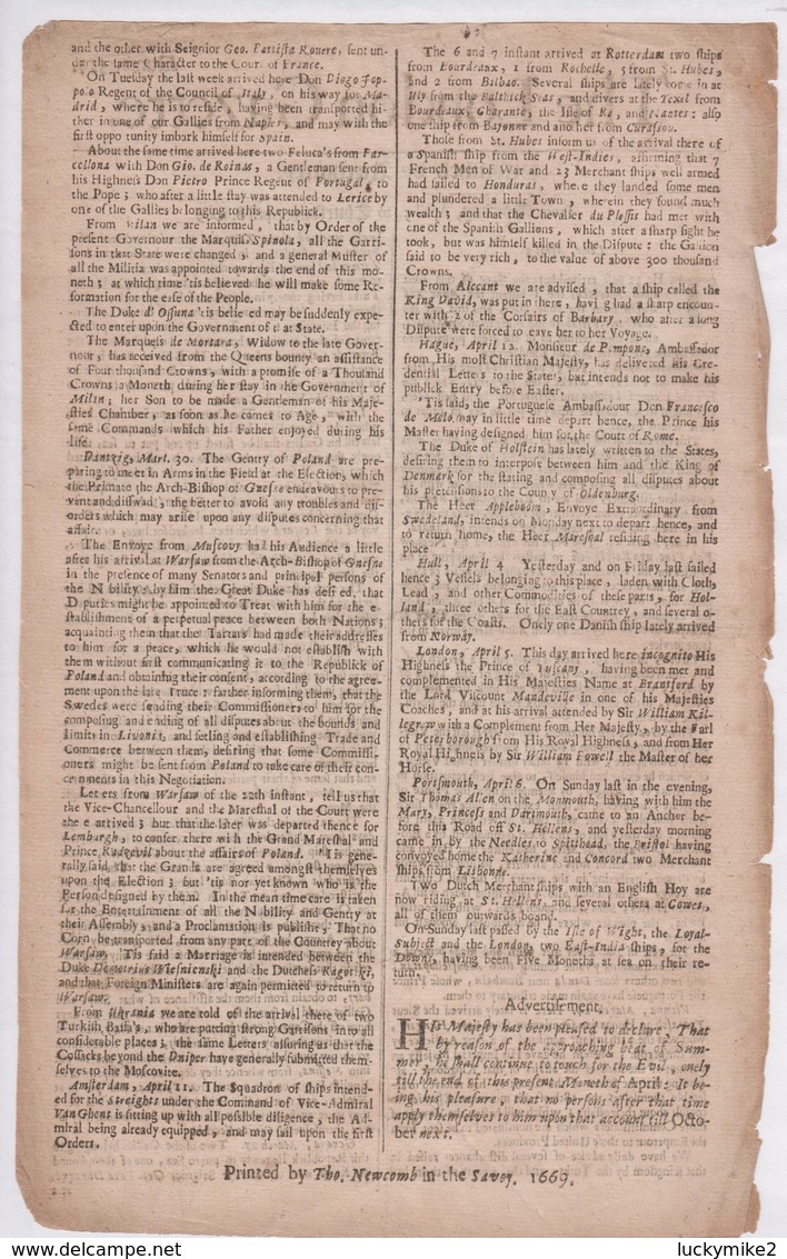 1669 London Gazette, Number 354,  An Early, Single Sheet Newspaper  Almost 350 Years Old!   Ref 0567 - Historical Documents