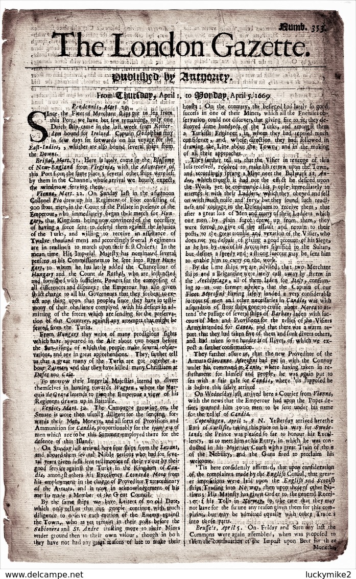 1669 London Gazette, Number 353,  An Early, Single Sheet Newspaper.  Ref 0568 - Historical Documents