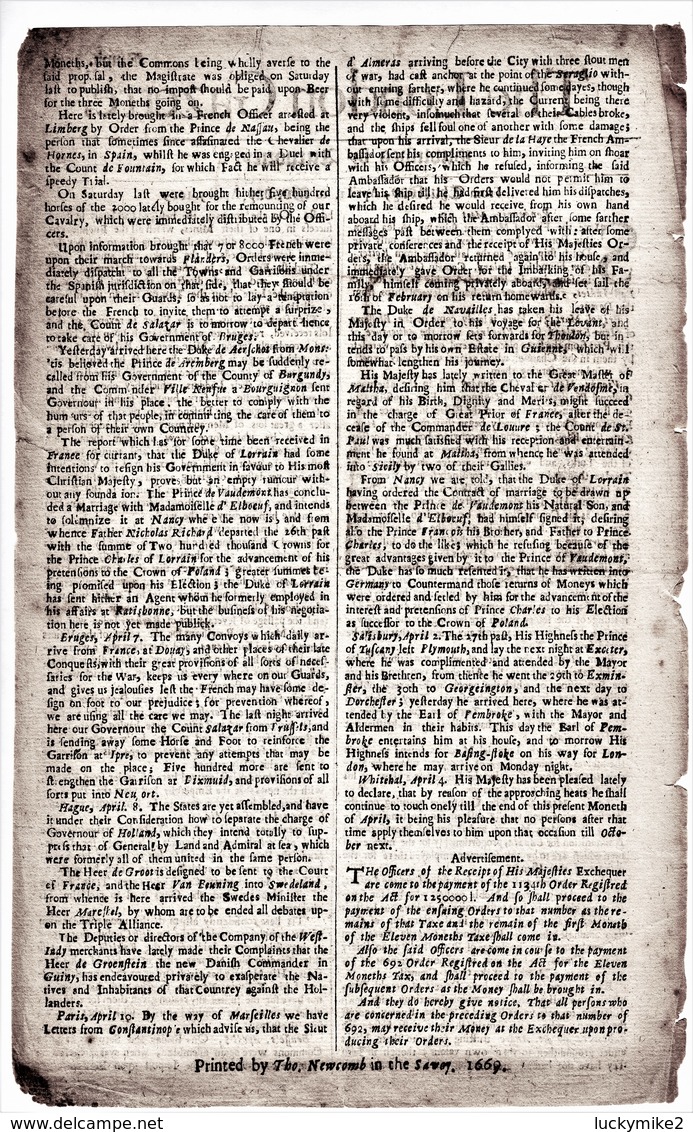 1669 London Gazette, Number 353,  An Early, Single Sheet Newspaper.  Ref 0568 - Historical Documents