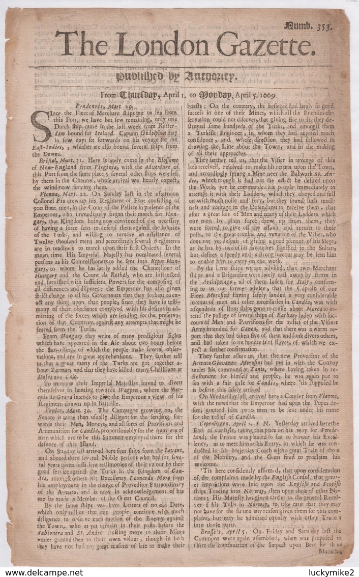 1669 London Gazette, Number 353,  An Early, Single Sheet Newspaper.  Ref 0568 - Historical Documents