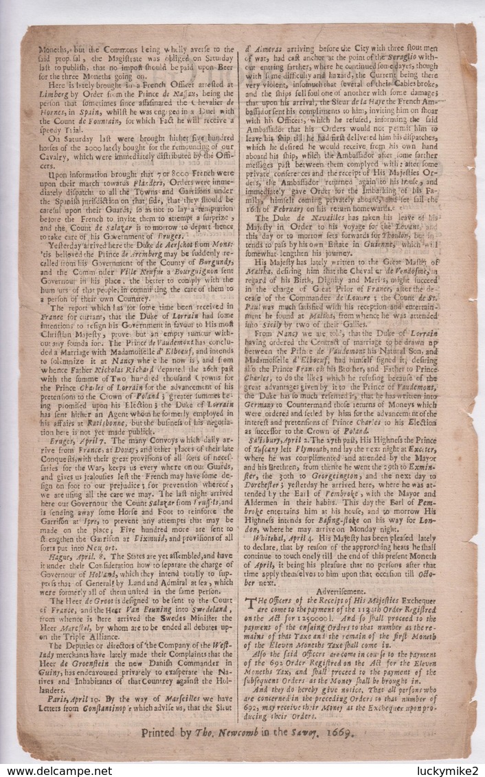 1669 London Gazette, Number 353,  An Early, Single Sheet Newspaper.  Ref 0568 - Historical Documents