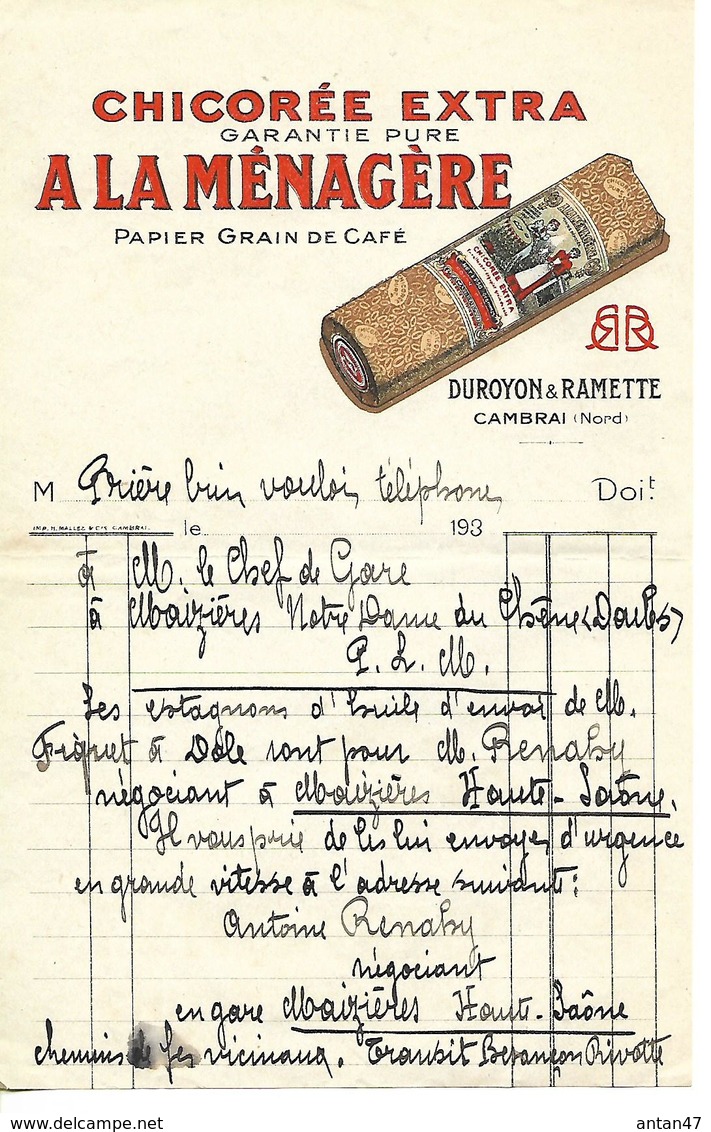Facture 1/2 Format 193? / NORD / CAMBRAI / Chicorée DUROYON & RAMETTE - 1900 – 1949