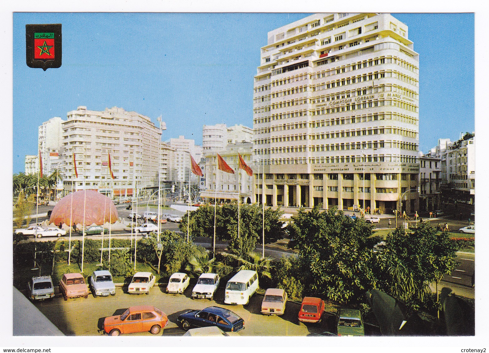 Casablanca N°90 Place Mohamed V En 1981 Alfa Fiat Citroën GS Renault R16 R5 Mini Bus VW Comptoir Lorrain Au Maroc Banque - Casablanca