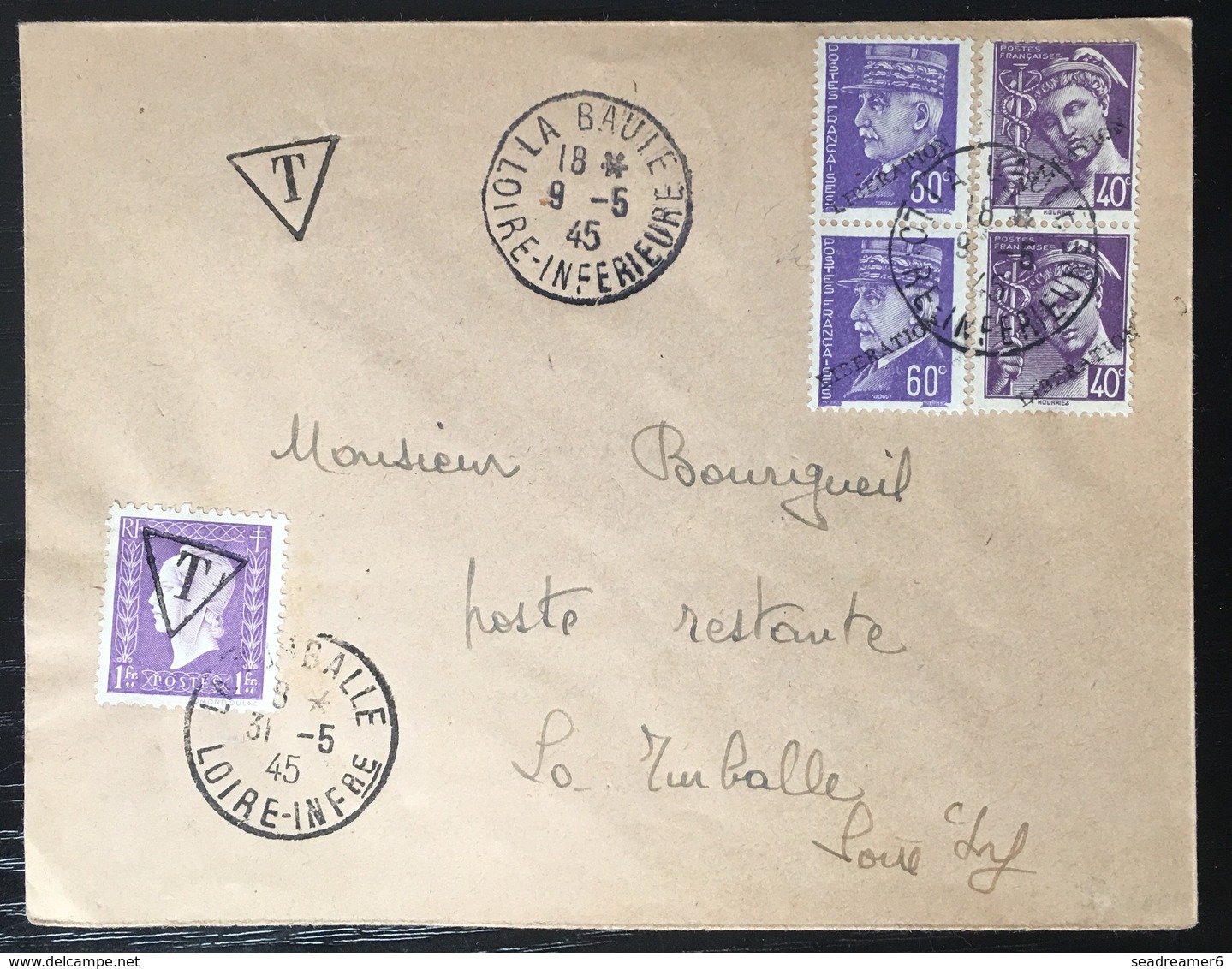 France Poche De Saint Nazaire 1945 Sur Lettre Pétain/ Mercure Surchargés Liberation & Gandon En Utilisation Taxe.. RR - War Stamps