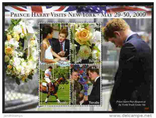 88404 Tuvalu 2009 Prince Harry Visits New York Perf Sheetlet (royalty Polo Flags Flowers Roses) U/m 4 Values - Tuvalu