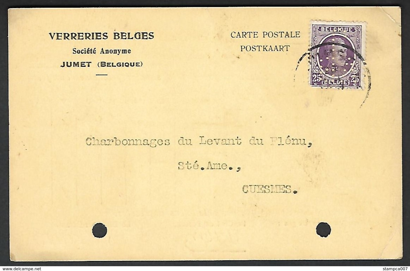 OCB Nr 198 Houyoux Perfin Perfo " VBJ " Verreries Belges Jumet - 1909-34