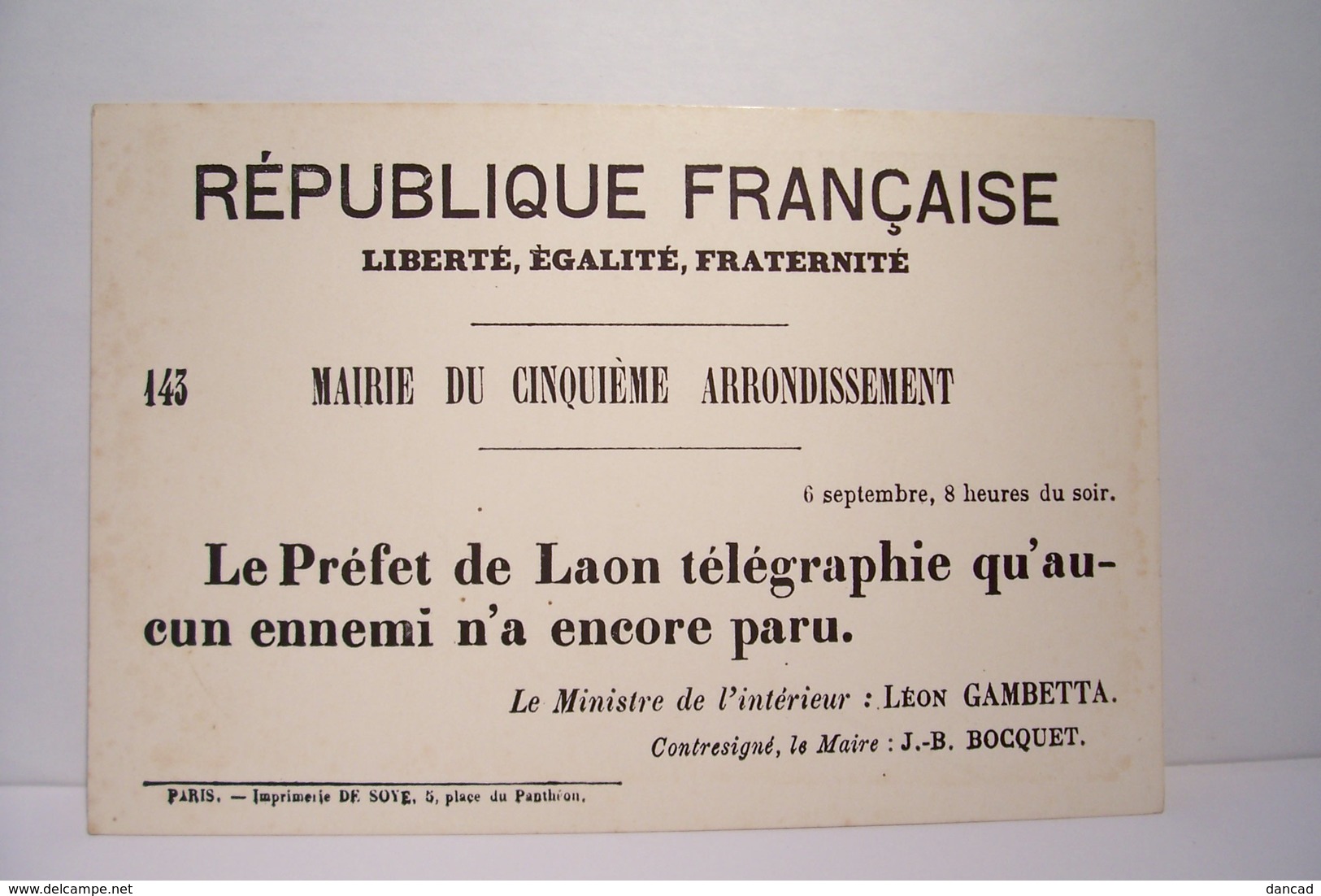 MAIRIE  DU CINQUIEME  ARRONDISSEMENT - PARIS Guerre De 1870   - AFFICHE -Musée De L'Affiche Et Du Tract - - Distrito: 05