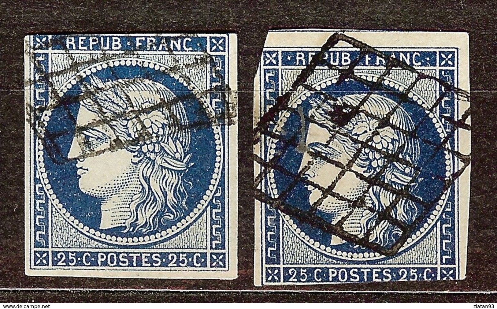 EXTRA LOT 2 CERES N°4 & 4a 25c Bleu & Foncé Oblitéré GRILLE Cote 115€ PAS AMINCI - 1849-1850 Cérès