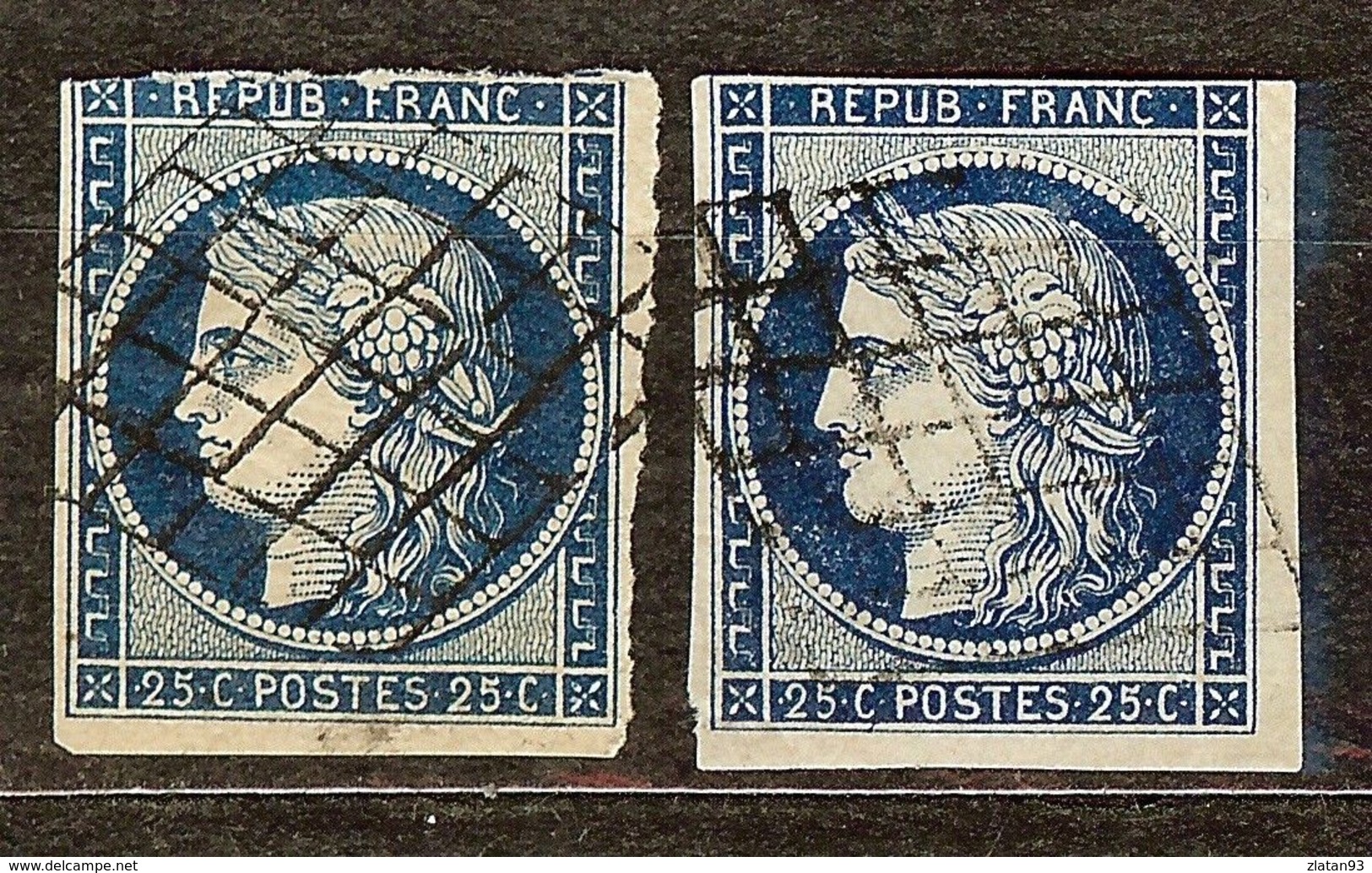 EXTRA LOT 2 CERES N°4 & 4a 25c Bleu & Foncé Oblitéré GRILLE Cote 115€ PAS AMINCI - 1849-1850 Cérès