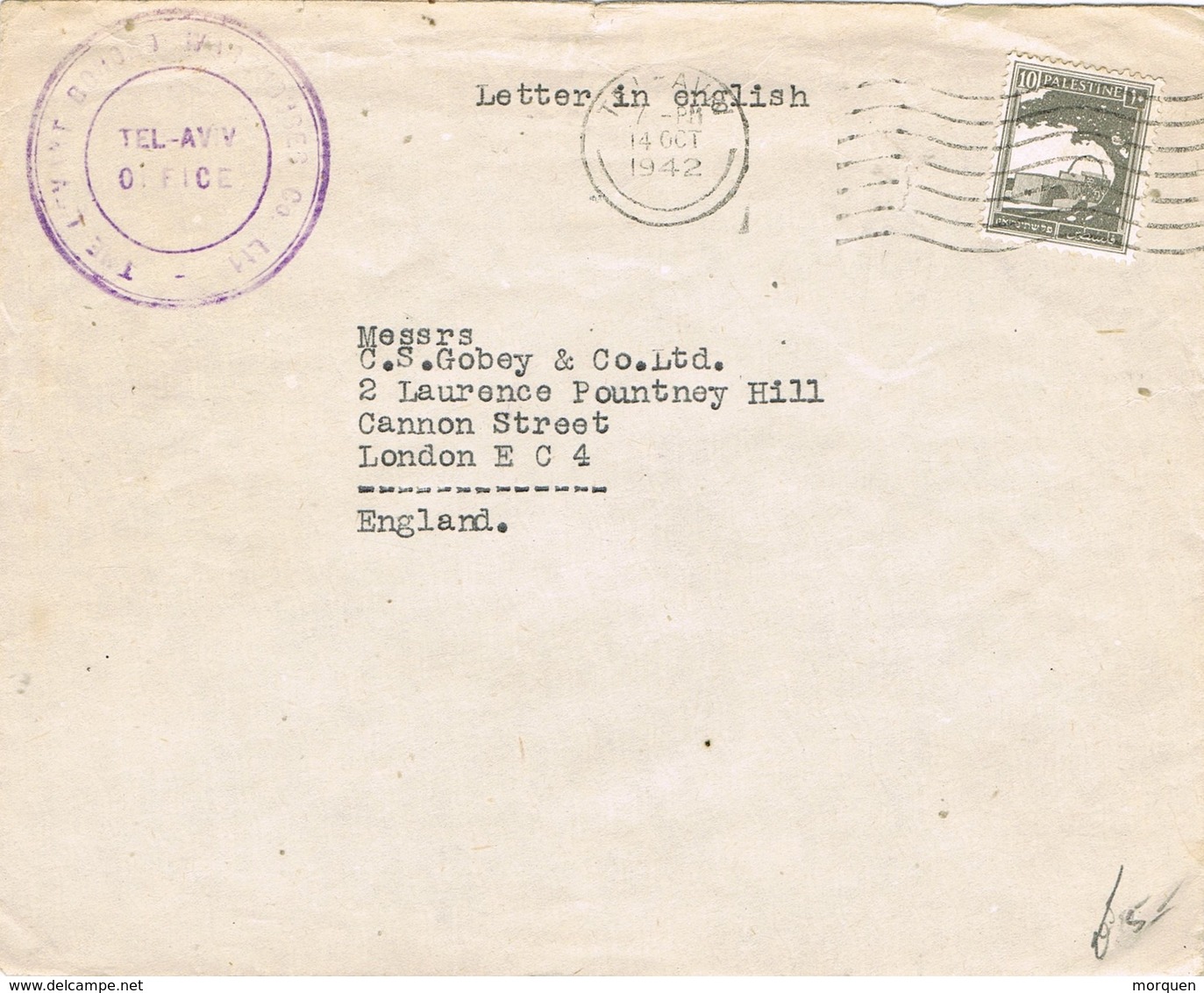 29475. Carta TEL AVIV (Palestine) 1942. To England - Palestina