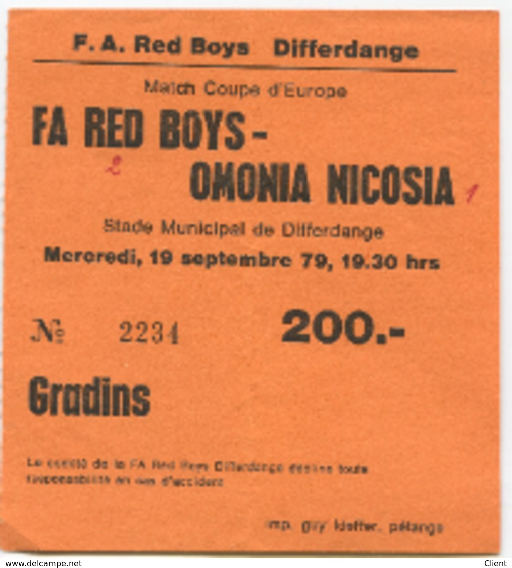 LUXEMBOURG - Football - Billet D'entrée - 1979 - FA RED BOYS - OMONIA NICOSIA - RARE Match Coupe D'Europe - - Other & Unclassified