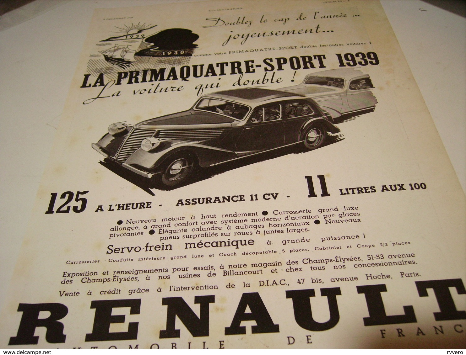 ANCIENNE PUBLICITE VOITURE   RENAULT PRIMAQUATRE SPORT 1939 - Voitures