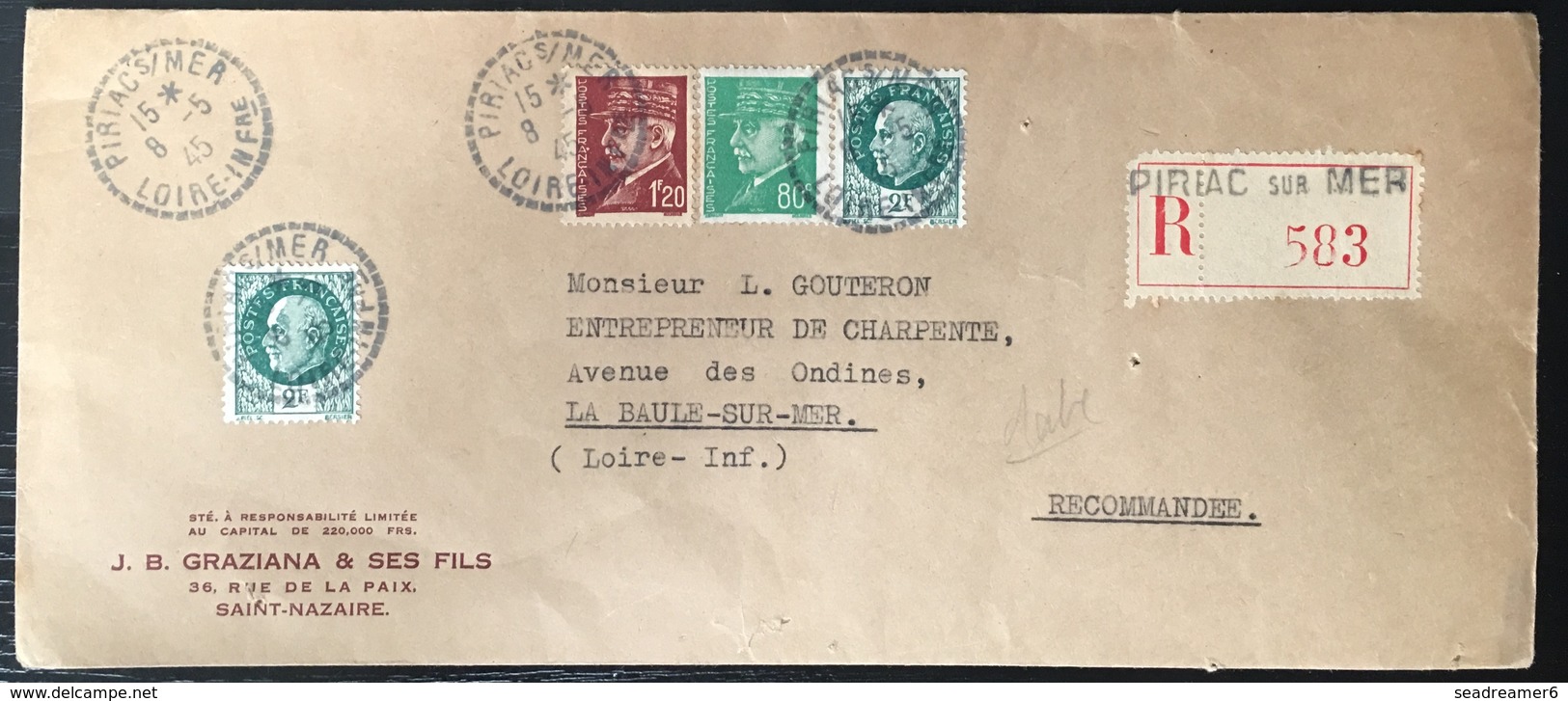 France ILOT DE SAINT NAZAIRE / POCHE DE L'ATLANTIQUE - 1945 - ENVELOPPE RECOMMANDEE De Piriac Sur Mer - Francobolli Di Guerra