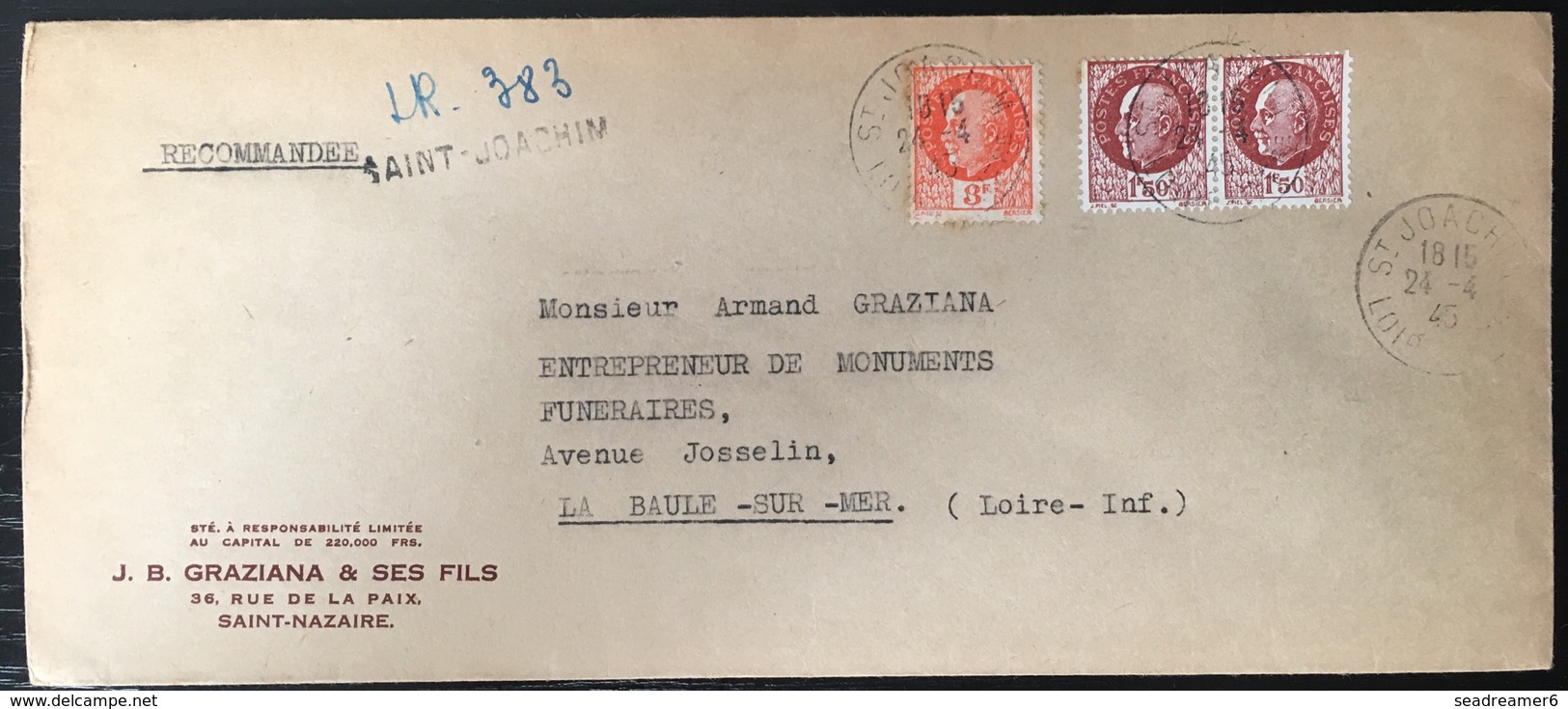 France ILOT DE SAINT NAZAIRE / POCHE DE L'ATLANTIQUE - 1945 - ENVELOPPE RECOMMANDEE De St Joachim - Kriegsmarken