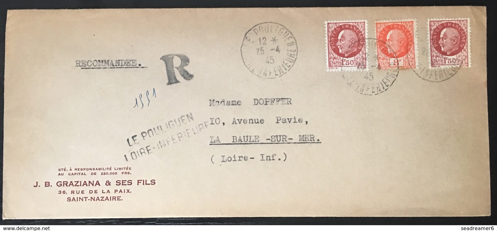 France ILOT DE SAINT NAZAIRE / POCHE DE L'ATLANTIQUE - 1945 - ENVELOPPE RECOMMANDEE Du Pouliguen - Francobolli Di Guerra