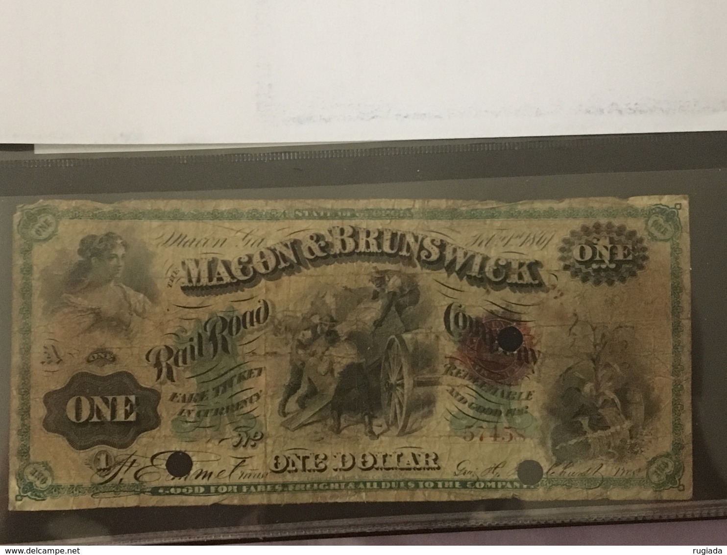 1860's State Of Georgia Macon & Brunswick Railroad Company One Dollar Fare Ticket Currency Banknote, Punch Cancelled - Georgia